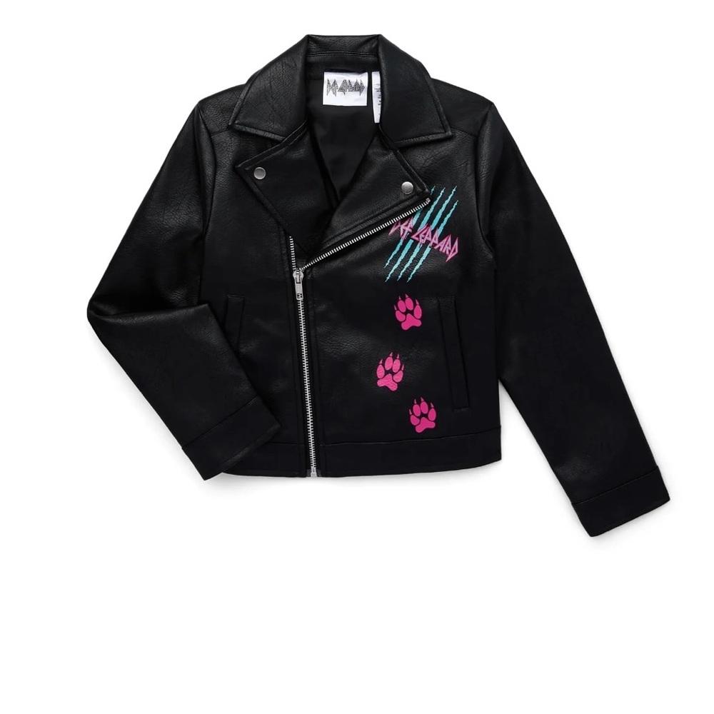 Black Faux Leather Jacket with Pink Paw Prints